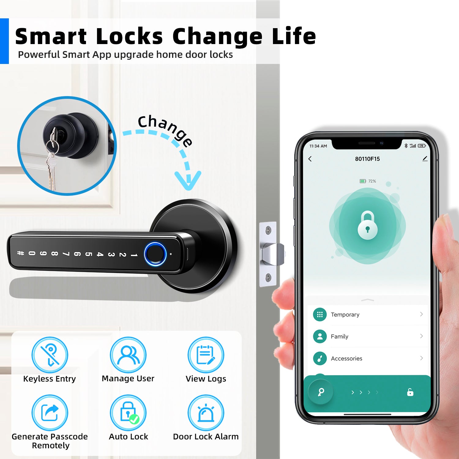 Smart Door Lock,Keyless Entry Door Lock with Handle,Fingerprint Door Lock with Tuya App,Smart Door Knob with Key for Home Bedroom