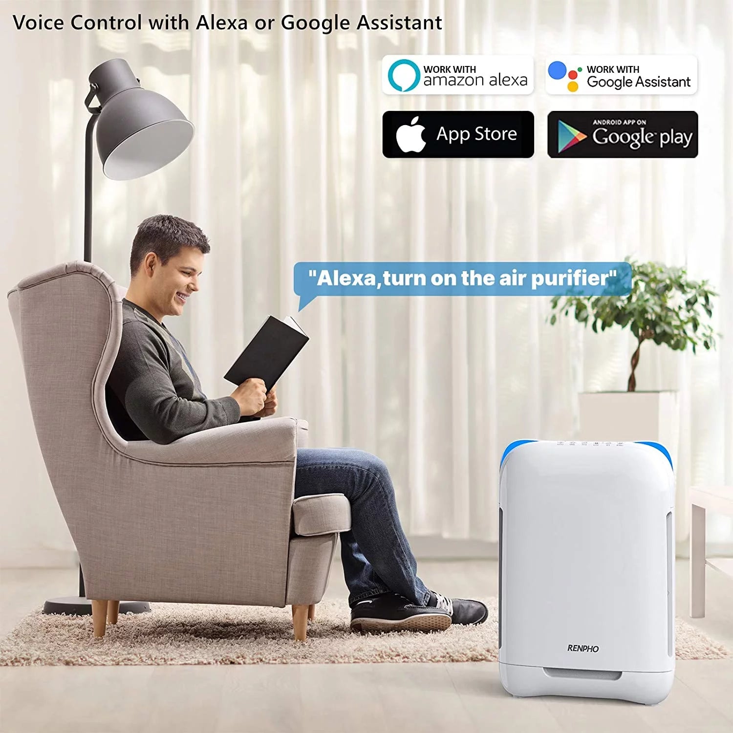 Smart Wi-Fi Air Purifier RP-AP001S, Air Cleaner for Large Room up to 1068 Sq.Ft, H13 True HEPA Filter for Allergies and Pets, with Voice Control, Ozone Free, White