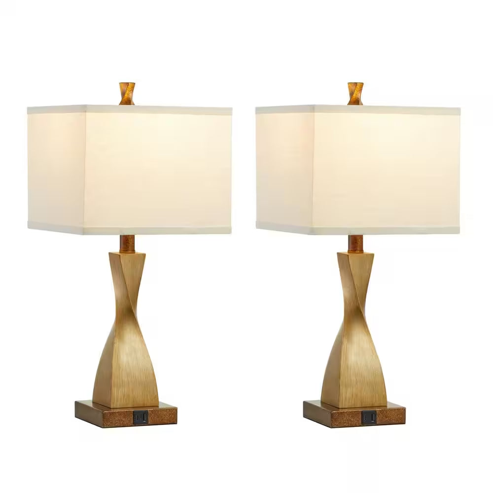 22 In. Spiral Gold Touch Control Table Lamp Set with LED Bulbs, USB Ports and AC Outlets (Set of 2)