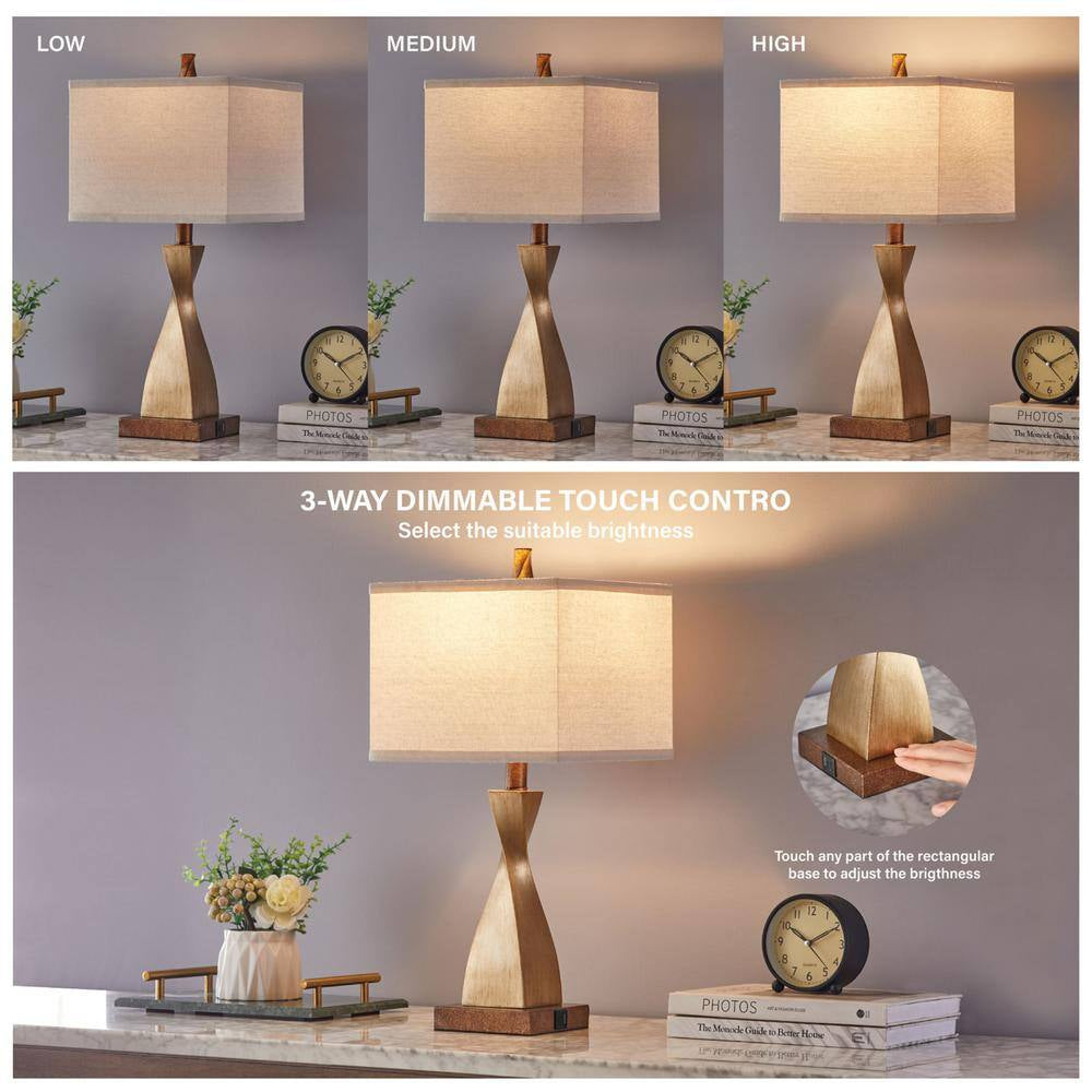 22 In. Spiral Gold Touch Control Table Lamp Set with LED Bulbs, USB Ports and AC Outlets (Set of 2)